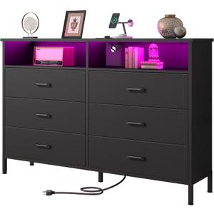 Dresser for bedroom, Fabric Black Bedroom Dresser with LED Lights and Charging Station, 6 Long Drawers Dressers, Tall Wide Chest of Drawers Storage Organizer TV Stand for up to 60" TV for Living Room