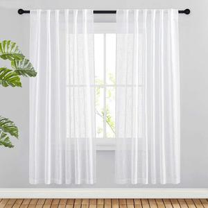 NICETOWN White Faux Linen Semi Sheer Curtains 63 inch Length for Bedroom, Rod Pocket & Back Tab Window Treatments Privacy with Light Filter Farmhouse Sheer Drapes for Living Room, 52" Width, 1 Pair