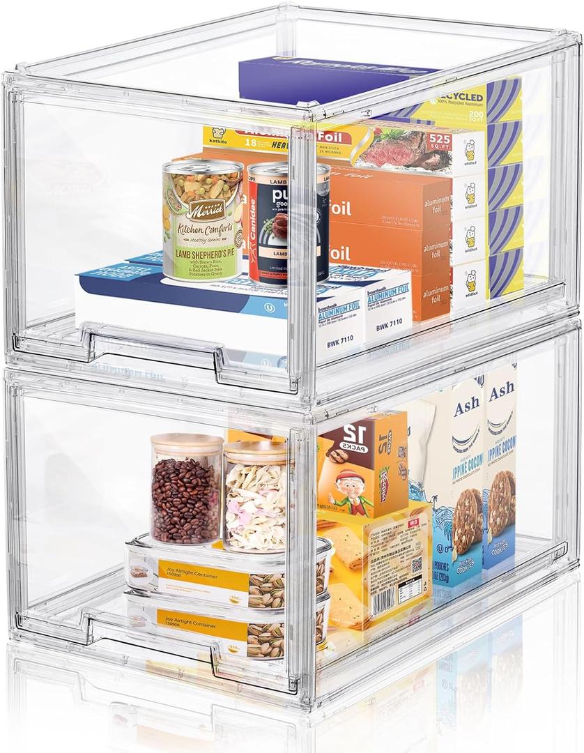 DILIBRA 2 Packs Large Stackable Storage Drawers, Plastic Clear Bathroom Make up Under Sink Drawer Organizers, Acrylic Bathroom Storage Bins for Cabinet Closet Office Kitchen Pantry Snacks Organization