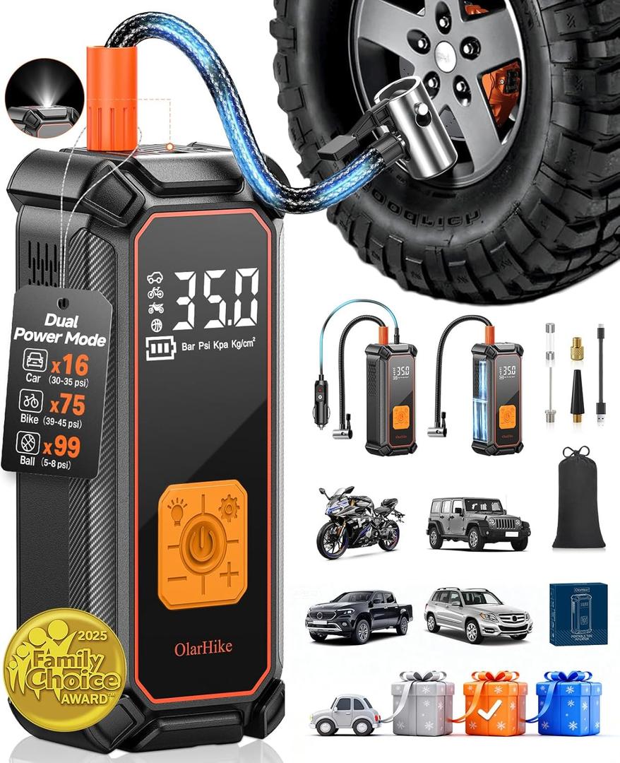 OlarHike Cordless Tire Inflator Portable Air Compressor, 150PSI Dual Power, 5400 mAh Auto Air Pump for Car Tires, Motorcycle, Bicycle, Gifts for Dad with LED Light & Digital Pressure Gauge (3-orange)