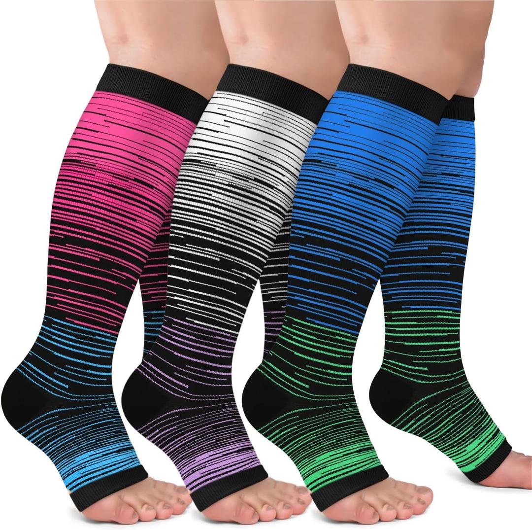 3 Pack Copper Compression Socks for Women & Men, 20-30mmHg Open Toe Knee High Stockings for Circulation Support (Large-X-Large)