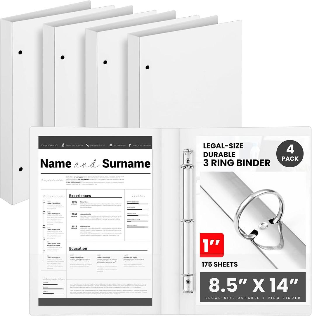Henoyso 4 Pcs Legal Size Binder 3 Ring 1" Durable White Binders for 8.5" x 14" Paper Hold up to 175 Sheets for Documents Artwork Blueprints, Office, Home, Work Places