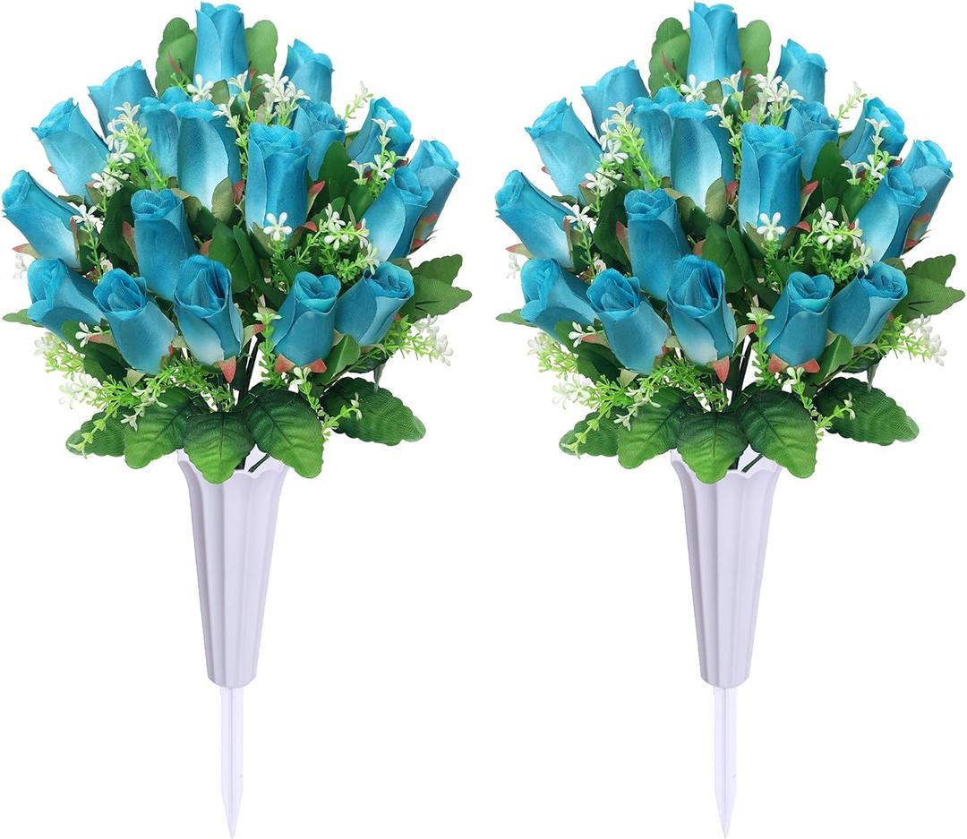 Cemetery Flowers for Grave,2Pack Memorial Roses Bouquets with Vase for Grave Tombstone Decorations(Deep Blue)