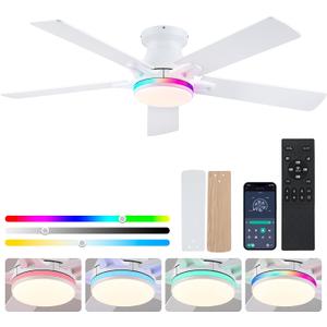 Flush Mount Ceiling Fans with RGB Side Lights - 52" White RGB Ceiling Fan with 5 Dual-Sided Blades, Dimmable Reversilbe Motor, Low Profile Indoor/Outdoor Fan Light for Party, Bedroom