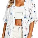 Women's Floral Cardigan Coverups Bohemian Kimono Loose Cover Up Tops Beach Swimsuit Puff Sleeve Blouse Female Chiffon Summer (Medium, White Blue Flower)