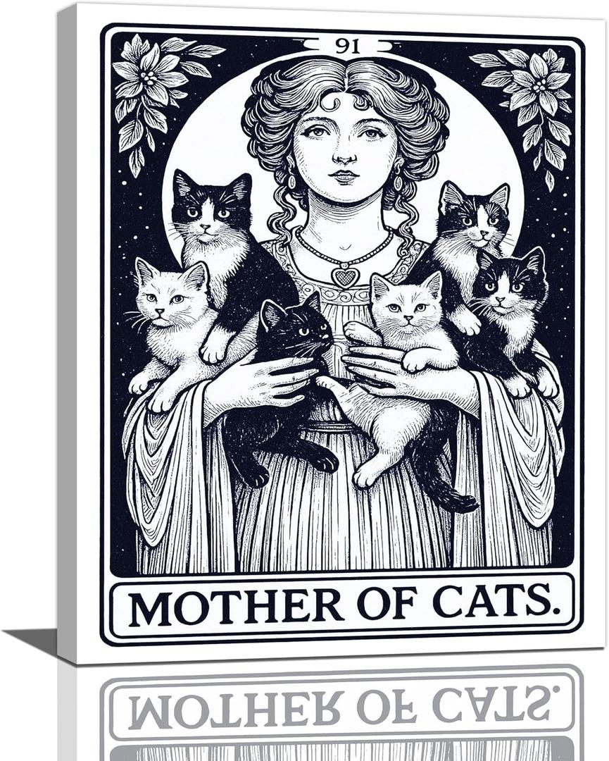 Vintage Tarot Wall Art Black And White Cat Bathroom Canvas Wall Decor Pussy Cat Pictures Paintings Prints Kitten Aesthetic Artwork Framed Decorations For Bedroom Living Room Gifts 16" x 20"