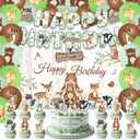 42Pcs Forest Animals Birthday Party Decorations for Boys Kids Safari Jungle Wild Animals Cake Topper Cupcake Topper - Happy Birthday Party Flag Banner and Balloons Background