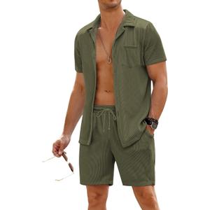 COOFANDY Men's 2 Pieces Shirt Sets Short Sleeve Casual Button Down Hippie T-Shirts Shorts Sets Summer Fashion Beach Outfits (Green, M)