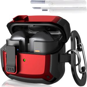 KOREDA Compatible with Samsung Galaxy Buds 3 Case & Galaxy Buds 3 Pro Case with Cleaner Kit, Military TPU Shockproof Protective Hard Cover with Secure Lock for Men (Red)