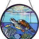 Stained Glass Window Hanging, Turtle Circular Sun Catcher Ornament with Chain & Suction Cup, Suncatcher for Garden Door Home Decor, Birthday Gifts for Women Men Mom 7.8 in
