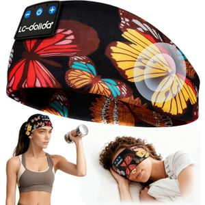 LC-dolida Sleep Headphones Headband Bluetooth 5.4, Sports Headband Earphones Wireless with Speaker Microphone USB C for Women Sleeping Gift Workout Jogging Yoga Insomnia Travel Meditation, Butterfly