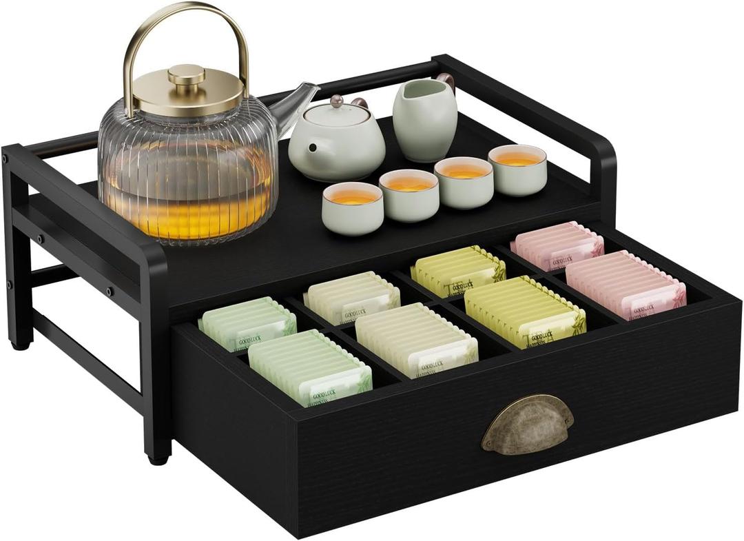 IBUYKE Tea Bag Organizer for Countertop,2 Tier Tea Box Organizer with Drawer,Wood Tea Bag Holder with Metal Frame,Tea Station Organizer for Kitchen Cabinet,Coffee Station,Office,Black UTCJ004B