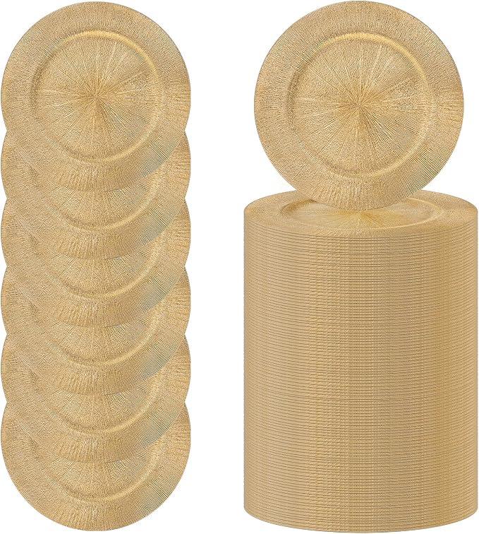 Maoname Round Charger Plates Bulk Set of 100, Glitter Gold Plate Chargers Glitter Gold Plate Chargers for Dinnner Plates, Plastic Table Chargers, Decorative Chardes Bulk for Weddings, Thanksgiving
