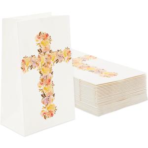 BLUE PANDA 36-Pack Religious Party Favors Gift Bags for Baptism, First Communion, Easter and Childrens Birthday, Party Supplies Goodie Bag with Chic Floral Cross Design, 5.2x8.7x3.3 inches