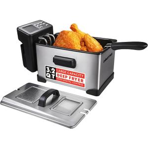 Gourmia 3.2 Qt Countertop Deep Fryer Electric Oil Fryer with Digital Display, Adjustable 280F380F Temperature Control, Viewing Window, Odor Filter Lid & Magnetic Safety Cord