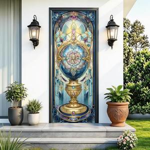 Cmialusie Peel and Stick Door Wallpaper 30.31 x 78.74 Inch Stained Glass Lamp Vintage Floral Decorative Door Cover for Home