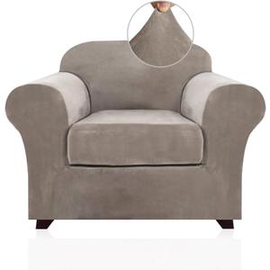 PrinceDeco Velvet Plush Couch Cover Stretch 2 Piece Chair Cover Chair Slipcover Washable Furniture Protector Couch Soft with Elastic Bottom Armchair Cover Width Up to 49 Inch(Small, Taupe)