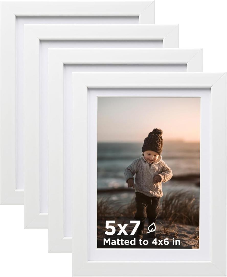 KINLINK 5x7 Picture Frame White Set of 4, Wooden Photo Frames Matted 4x6 with Plexiglass for 4x6 with Mat or 5x7 without Mat for Table and Wall Display