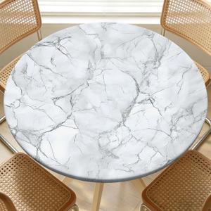 Round Fitted Table Cover with Elastic Edge Design Table Cloth Waterproof Stain-Resistant Wipeable Outdoor Tablecloths Fits 31"-35" Round Tables for Camping, Picnic, Dining, Indoor (Marble)
