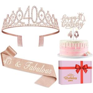 40th Birthday Decorations for Women, Including Crown/Tiara, Sash, Cake Topper and Candles, 40th Birthday Gifts Women