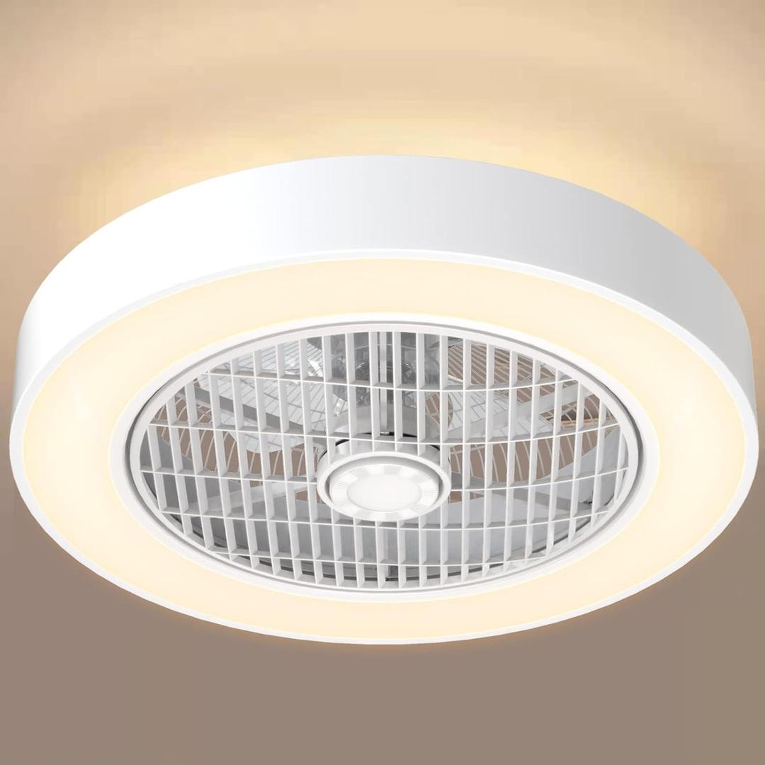 Enclosed Ceiling Fans with Lights Remote Control, Low Profile Ceiling Fan Light's Memory Mode, 3 Colors Dimmable LED 6 Speeds, 20 inches, Timing Reversible Blades - White