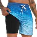 zeetoo Mens Swim Trunks with Compression Liner 5.5" Inseam Quick Dry Swim Shorts (Blue)