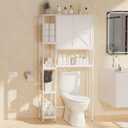Bamboo Over The Toilet Storage, Above Toilet Organizer Storage Shelf Stand, Tall Freestanding Behind Toilet Rack Towel, Tiered Bathroom Space Saver Shelving, Easy Assembly (White)