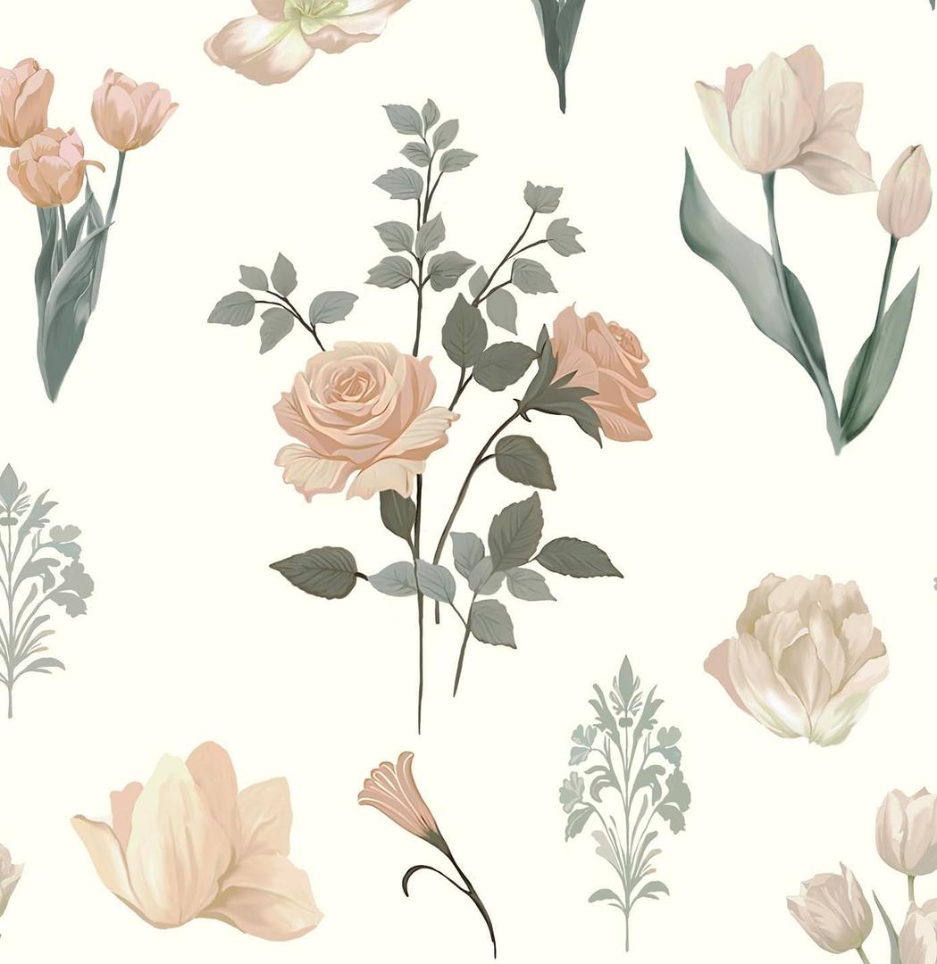 Safiyya Vintage Wallpaper Peel and Stick Floral Beige Contact Paper Roses Tulips Botanical Wall Paper Self Adhesive Farmhouse Removable Wallpaper for Bedroom Bathroom Vinyl Roll 17.3"x 78.7"