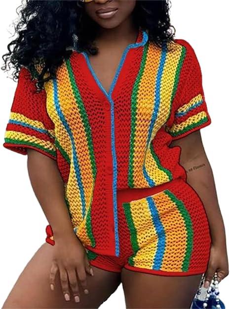 HBQ Womens 2 Piece Crochet Outfits Knit Button Down Shirts Hollow Out See Through Color Block Summer Vacation Short Sets-Block-XXL, XX-Large