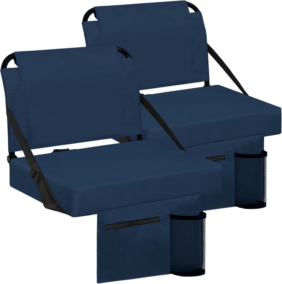 Stadium Seat for Bleachers with Back Support and Wide Padded Cushion Stadium Chair - Includes Shoulder Strap and Cup Holder (Navy, 2 Pack)