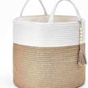 Mkono Woven Storage Basket Decorative Natural Rope Basket Wooden Bead Decoration for Blankets,Toys,Clothes,Shoes,Plant Organizer Bin with Handles Living Room Home, 16" Wx13.8 L, Cream White and Brown
