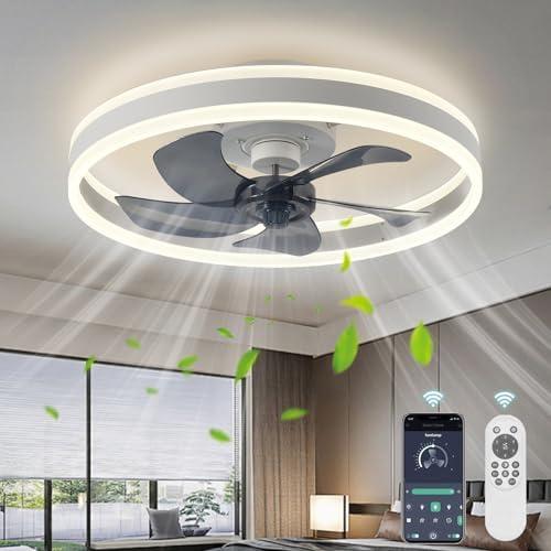 AHAWILL Low Profile Ceiling Fans with Lights and Remote,19.7in Flush Mount LED Dimmable Ceiling Fan, Pure White Fandelier Ceiling Fan for Bedroom.