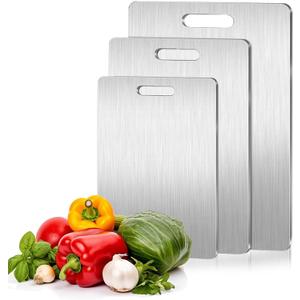 Titanium Cutting Board, Set of 3 Titanium Cutting Boards for Kitchen, Double Sided Titanium Cutting Mat, Non Stick Stainless Steel Cutting Board for Meat, Bread, Vegetable, Fruit