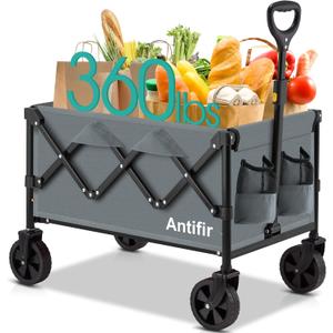 Collapsible Foldable Wagon with Wheels 360 LBS,Heavy Duty Folding Utility Cart for Groceries,Shopping,Garden,Camping,Outdoor,2 Drink Holders,Grey (Gray)