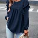 PRETTYGARDEN Women's Long Sleeve Shirts Ruffle Swiss Dot Crochet Loose Fit Tunic Dressy Casual Tops Blouses Spring Fashion (XS)