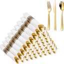 WELLIFE 75 Pack Gold Plastic Cutlery,Pre Rolled Silverware Set Disposable,Gold Disposable Utensils,Includes: 75 Forks, 75 Knives, 75 Spoons, 75 Napkins, Plastic Silverware