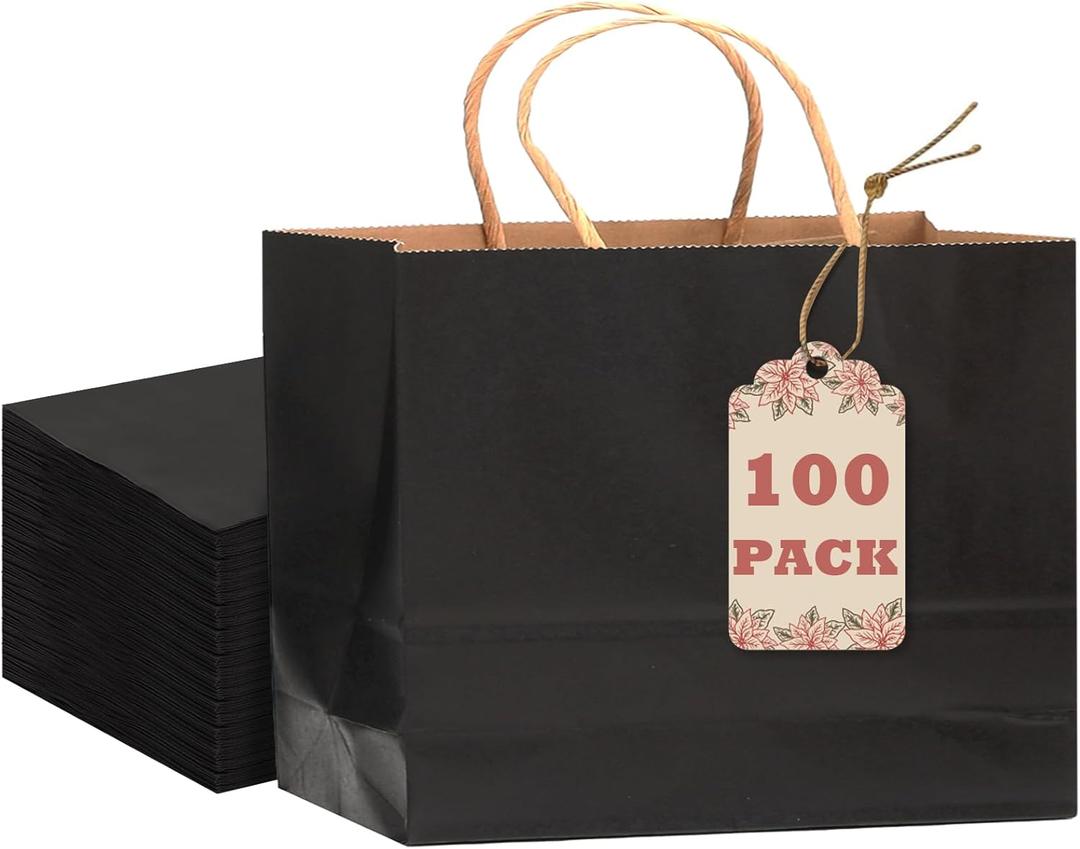 qiqee 13"x4.5"x10" Large Gift Bag with Handles Bulk 100PCS Gift Paper Bags Black Bags Multiple Uses (Wide Large)