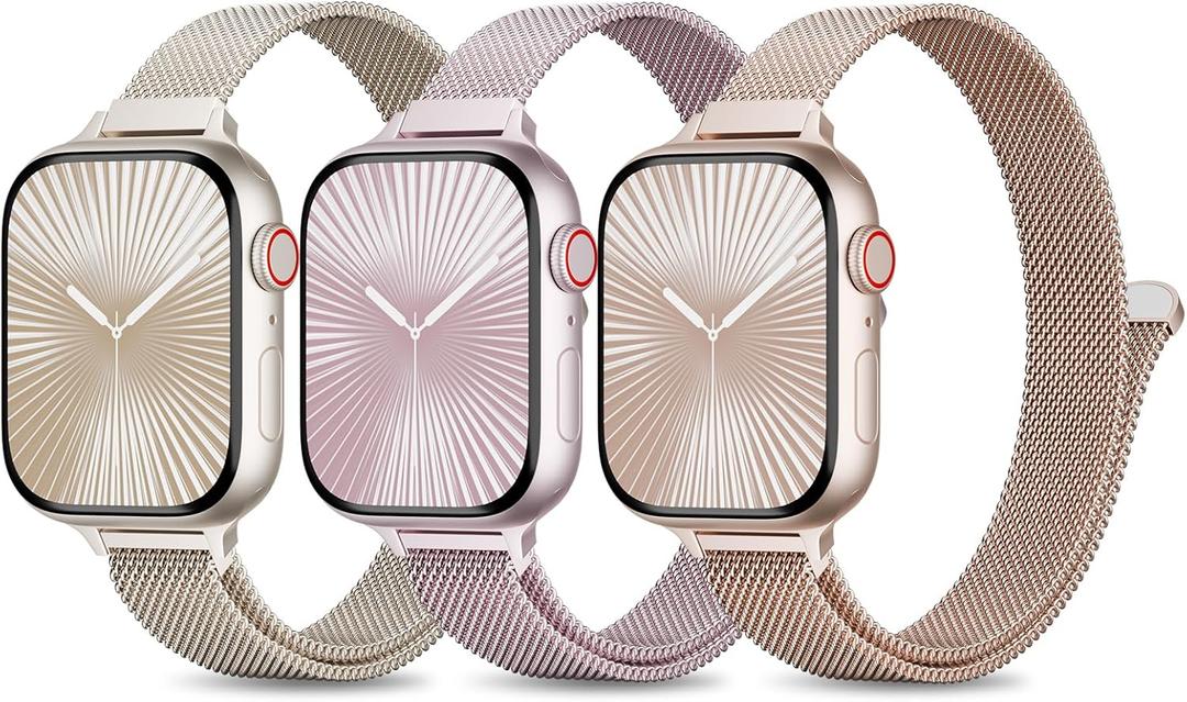 3 Pack Slim Metal Loop Compatible with Apple Watch Band 42mm 41mm 40mm 38mm 46mm 45mm 44mm 49mm Women Men, Thin Stainless Steel Magnetic Strap for iWatch Bands Series 11 10 9 8 SE 7 6 5 4 3 Ultra (Starlight/Pink/Rose Gold)