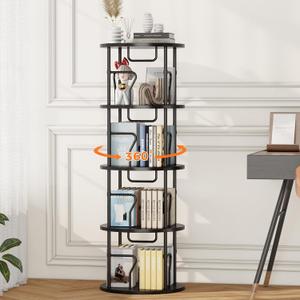 4 Tier Rotating Bookshelf Tower, 360 Display Round Bookcase, Floor Standing Corner Revolving Bookshelf Organizer Storage Rack for Small Spaces, Home Study Office, Black