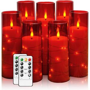 Flameless Candles,with Embedded Star String, Battery Operated Candles Flickering LED Pillar Candles with Remote Control and Timer, Home Decoration Add a Warm and Romantic AtmosphereSet of 7 (Red)