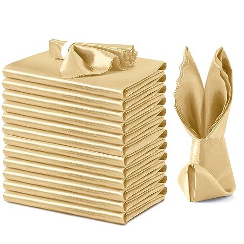 VACVELT 12 Pack Light Gold Satin Napkins - 17x17 Inch Scalloped Elegant Dinner Napkins for Wedding, Restaurant, Banquet, Graduation Party