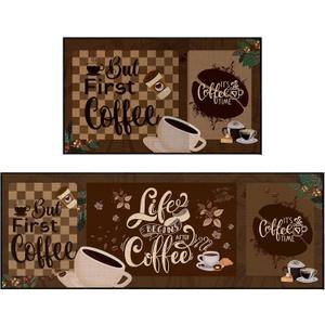 Bencailor 2 Pcs Coffee Kitchen Rugs Non Slip Absorbent Door Floor Mats Coffee Kitchen Decor Welcome Farmhouse Brown Decorative Washable Rugs for Home Indoor 17x30+17x47 Inches (Dark Color)