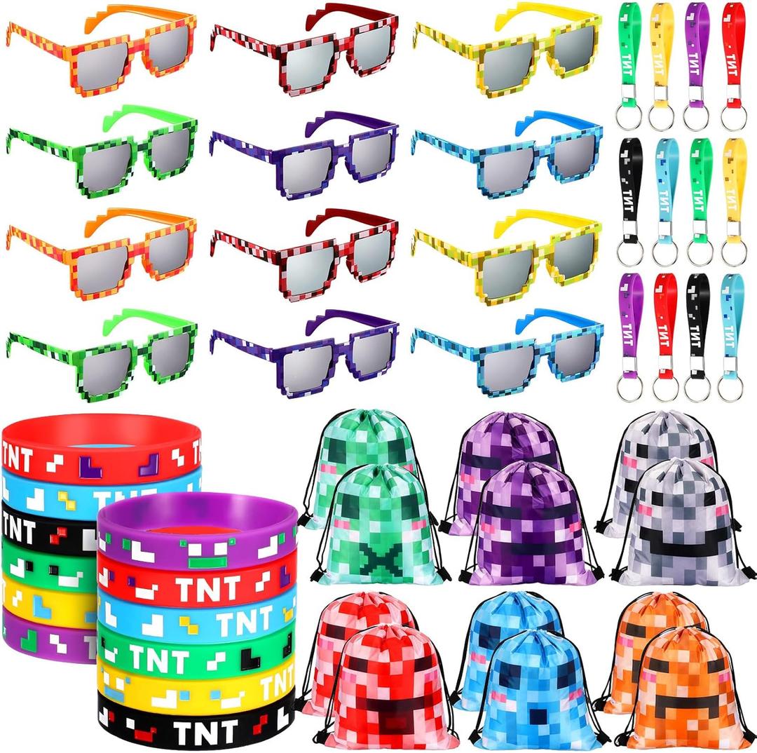 48 Pcs Pixel Miner Party Favors Pixelated Mining Birthday Party Supplies, Include 12 Pixel Miner Sunglasses, 12 Pixelated Theme Bracelet, 12 Pixelated Mining Keychains and 12 Pixel Mine Party Bag