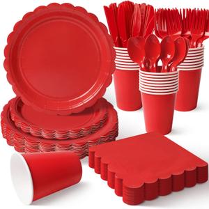 Vyntra 350 Pcs Red Disposable Paper Plates and Napkins Set for 50, 9" Dinner Plates & 7" Dessert Plates, Tableware for Christmas, Valentines Day, Birthday, Party