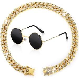 Xuniea 2 Pieces Cat Dog Chain Collar and Sunglasses Set Rhinestone Necklace with Secure Buckle Round Glasses for Doll Cat Dog Pet Accessories(18 Inch,Gold, Black)