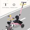 KRIDDO 2-in-1 Tricycle for Toddlers 1.5-5 Years, Push Tricycle with Parent Steering Detachable Handle, 9-Stage Adjustable Handlebar, Toddler Trike with Safety Belt, Clutch Pedals & Dual Basket, Pink