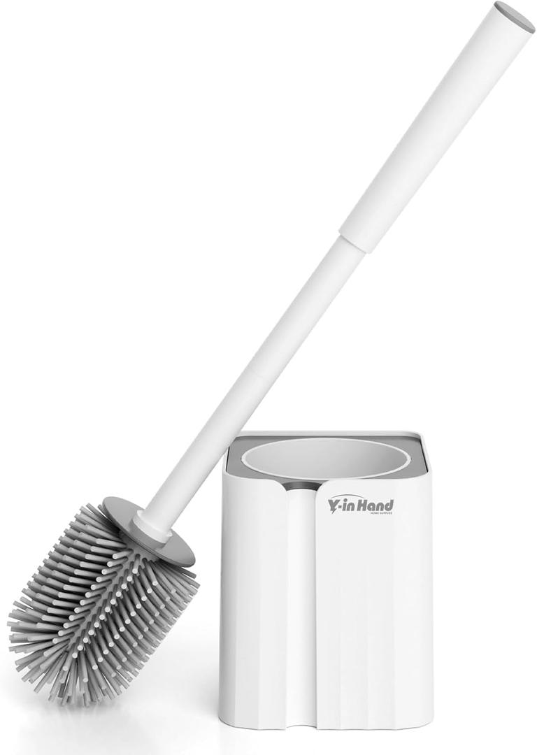 Toilet Brush and Holder Set, Silicone Toilet Bowl Brush, Bathroom Accessories, Durable Toilet Scrubber Bristles, Compact Size for RV, Wall Mountable, Drip-Proof, Deep Cleaning (White)