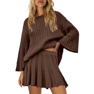 SENSERISE Fall Sweater Sets Skirt Sets Women 2 Piece Outfits Long Sleeve Top and Skirts Set Loungewear, Brown, Small