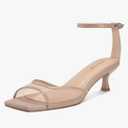 ISNOM Womens Mesh Kitten Heels Sandals Square Toe Ankle Buckle Strap Low Heels Comfort Summer Dress Shoes, 6