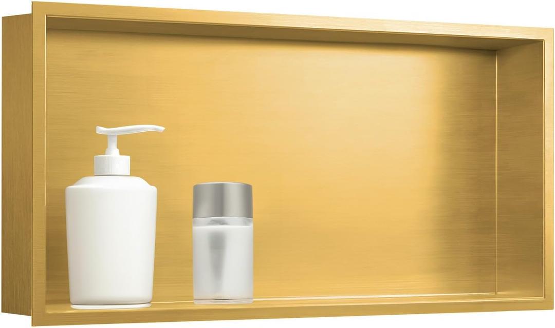SaniteModar Shower Niche, Stainless Steel Shower Niche 12" X 24" No Tile Needed, Recessed for Bathroom Storage, Brushed Gold (Brushed Gold, 12x24) SaniteModar Shower Niche, Stainless Steel Shower Niche 12" X 24" No Tile Needed, Recessed for Bathroom Storage, Brushed Gold (Brushed Gold, 12x24)